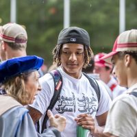 First year students talk with faculty